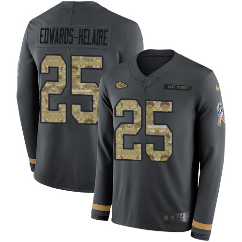 Nike Chiefs #25 Clyde Edwards-Helaire Anthracite Salute to Service Youth Stitched NFL Limited Therma Long Sleeve Jersey